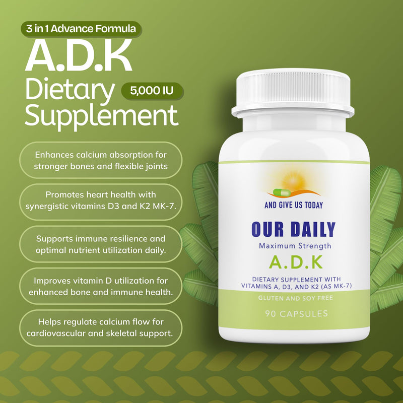 Daily Vites, ADK Vitamin Supplement 5000 IU – 180 Capsules – High Potency Vitamin A, D3 & K2-MK7 – Physician Formulated for Bone, Heart & Immune Support – Non-GMO, Gluten Free 6-Month Supply (2 Pack) 90 Count (Pack of 2)