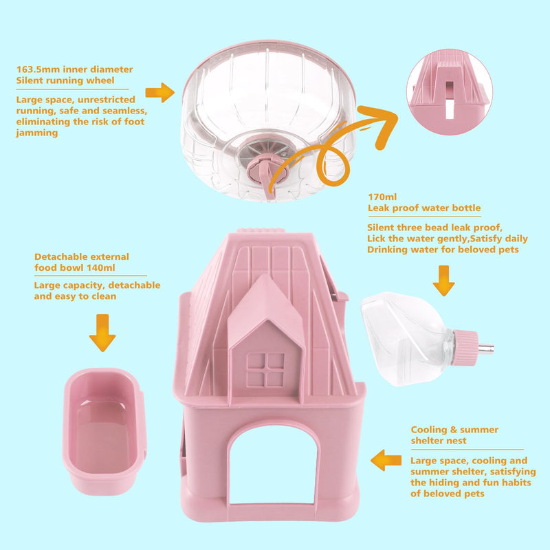 4 in 1 Silent Large Hamster Wheel Multifunctional Hamster Running Wheel Quite Running Spinner Wheel Accessories with Food Bowl Water Bottle for Hamsters Dwarf Gerbil (Pink) Pink - BeesActive Australia