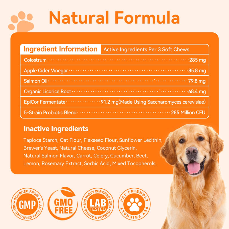 Dog Allergy Chews, Dogs Allergy Relief Chews for Paw Ears Eyes Itchy Skin Coat Supplement, Dog Itching Relief with Probiotics & Colostrum for All Breeds & Sizes Salmon 90 Count