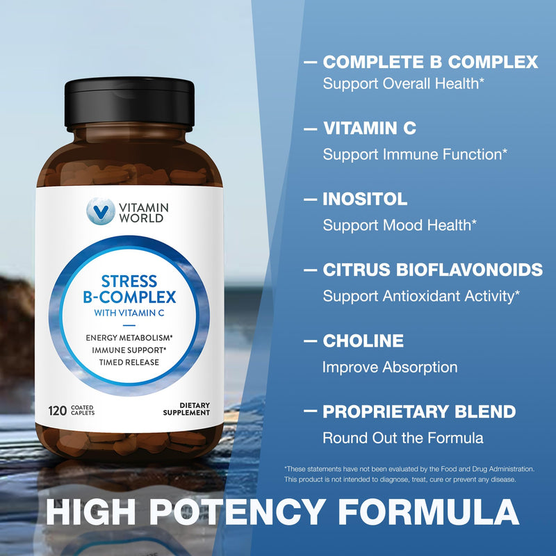 Vitamin World Stress Vitamin B Complex with Vitamin C, 120 Caplets | High-Potency Vitamin B6, B12, Niacin, Folate & Biotin for Stress, Energy, Metabolism & Immune Support, Non-GMO 120 Count (Pack of 1)