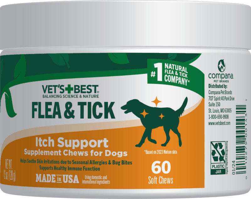 Vet's Best Flea & Tick Soft Chews for Dogs – Natural Supplement for Dog Flea and Tick Prevention – Veterinarian-Formulated Itch Relief and Immune Support – Made in USA – 60 Chews