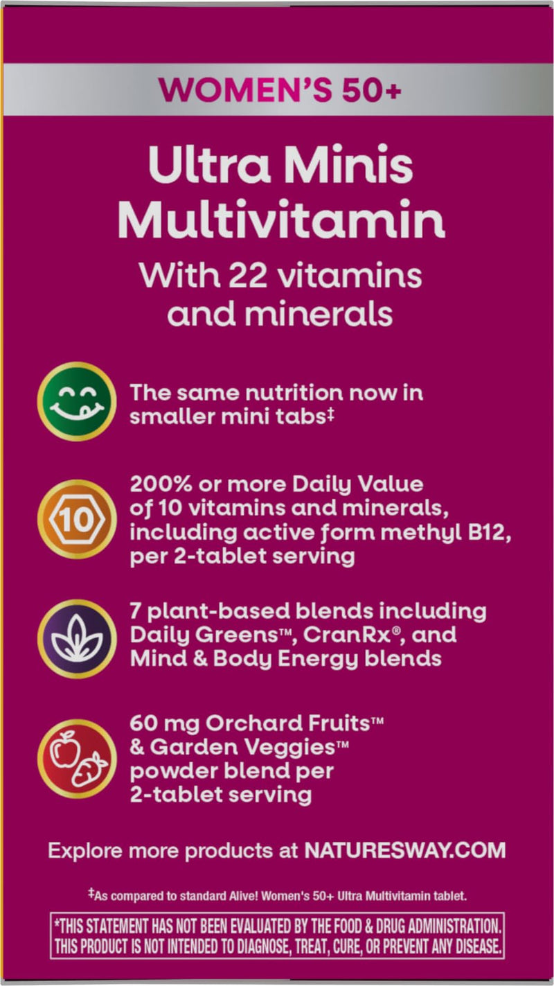 Nature's Way Alive! Women's 50+ Ultra Minis Multivitamin, 180 Mini Tablets | Complete Daily Women's Vitamins, High Potency Formula, Promotes Energy Metabolism and Muscle Function*, with Methylated B12