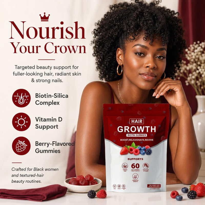 Hair Growth Gummies for Black Women, with Biotin-Silica Complex (5000mcg Biotin) & Vitamin D (30mcg), Supports Hair, Skin & Nail Health, Non-GMO, 60 Gummies