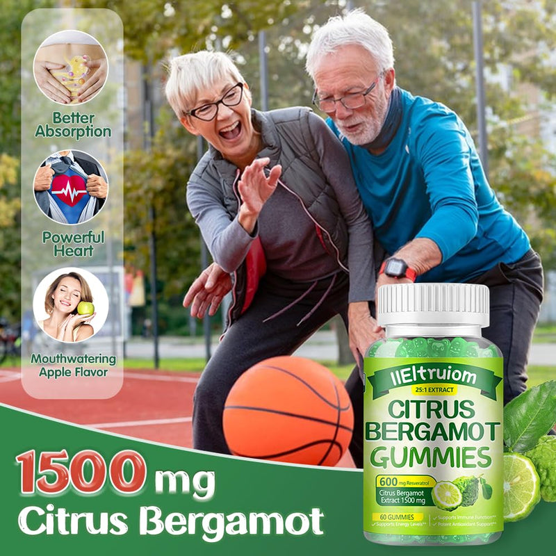 Citrus Bergamot Gummies 1500mg with Resveratrol & Niacin, Vegan Formula | Made with Clean Ingredients in a Free from Artificial Colors and Flavors, 60 Gummies 1