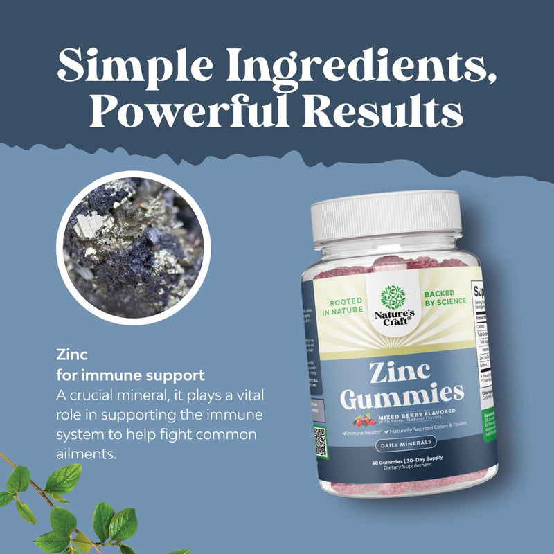 Extra Strength Zinc Gummies for Adults - Chewable Zinc Supplements for Women & Men for Energy & Immune Support - Vitamins & Mineral Supplements - 60 Count Mixed Berry 60 Count (Pack of 1)