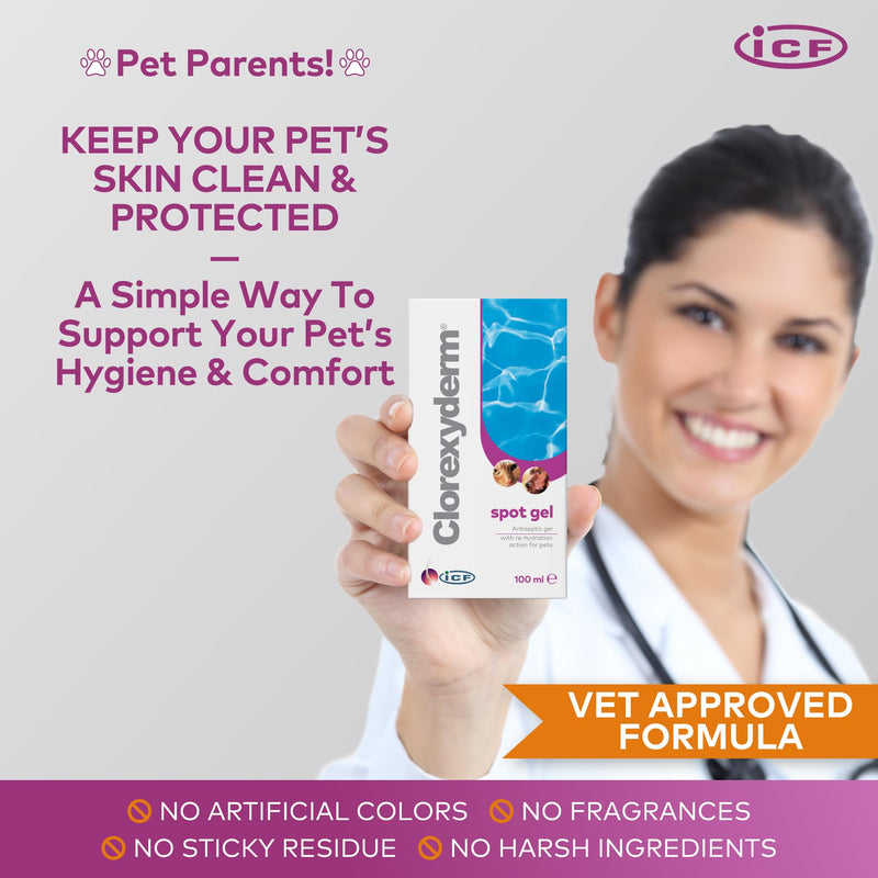 ICF | Clorexyderm Spot Gel | Advanced Cat & Dog Skin Care Gel for Itchy Skin & Wound Relief | Soothes and Moisturizes Irritated Skin | Ideal for Paws, Skin Folds, and Localized Issues 100 ml (Pack of 1)