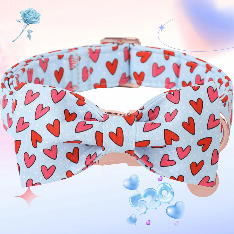DOGWONG Valentine's Day Dog Collar with Bow - Cute Heart Bowtie Dog Collars, Adjustable Valentine Pink Heart Pet Collars Design Dog Collar with Quick Release Buckle for Puppy Girl Boy Female Dogs Medium Blue heart - BeesActive Australia