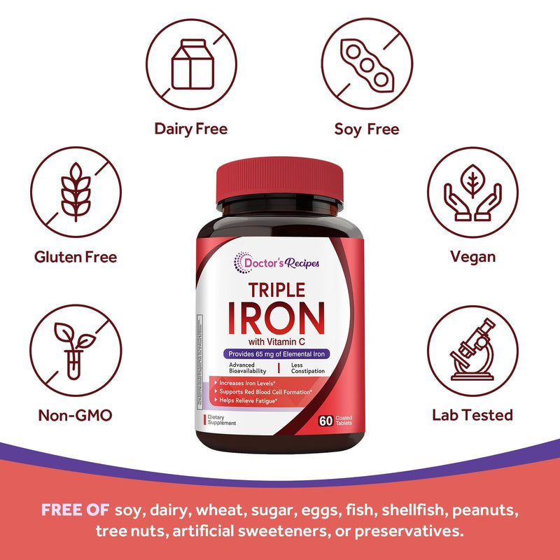 Doctor's Recipes Iron Supplement for Women & Men, 65mg from Ferrous Bisglycinate Sulfate Carbonyl Iron, Non-Constipating, Vitamin C for Optimal Absorption, Energy, Blood Support, 60 Tabs