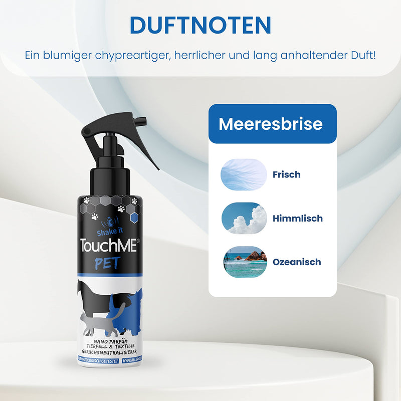 TouchME - touch-active odor remover & textile freshener spray | against animal odor in the dog bed or cat basket | including grooming for dogs, cats & horses | Pet Blue200ml (refreshing) refreshing