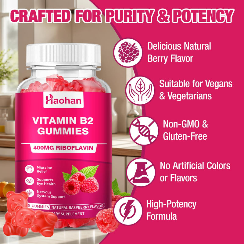 Haohan Vitamin B2 400mg with Magnesium Gummies for Migraine and Nervous System Support in Sugar-Free Vegan Raspberry Flavor, 120 Count for Adults and Kids