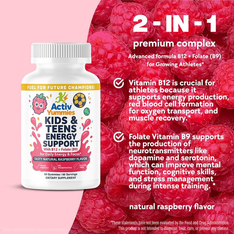 Kids & Teens Energy Support with Vitamin B12 + Folate (B9) - Supports Energy Production, Brain Function & Metabolism - Gluten Free - Raspberry Flavor - Soft Chew 60 Gummies (60 Servings)