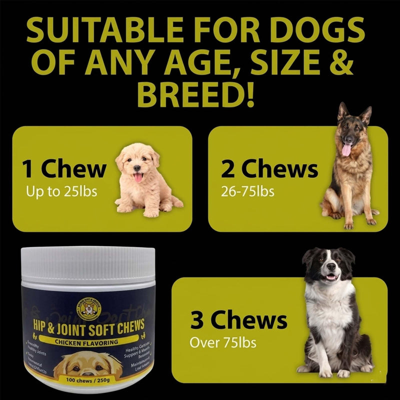 Meadows & Mutts Hip and Joint Supplement for Dogs - Glucosamine Chews for Dogs with Chondroitin, MSM & Green Lipped Mussel - Joint Support & Mobility, Chicken Flavor Soft Chews - 100 Ct