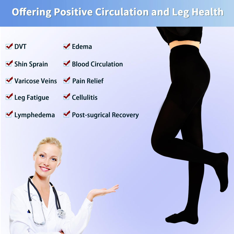 Medical Compression Tights, 20-30 mmHg Closed Toe Compression Pantyhose Black Medium