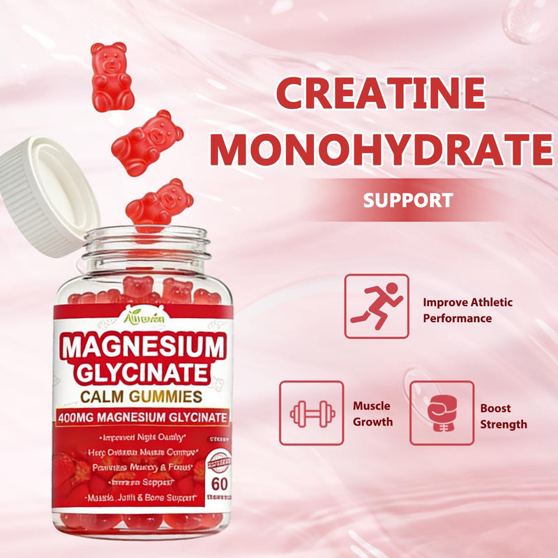 Magnesium Glycinate Gummies 400mg Sugar Free: Calm Magnesium Supplement for Women & Men, Sleep Support, Muscle & Bone Health Complex with Vitamin D3 B6 Calcium, Chewable Strawberry Gummy for Adults