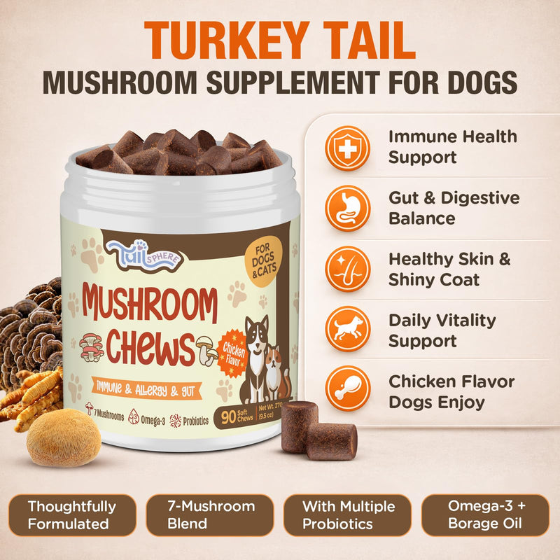 Turkey Tail Mushroom for Dogs, TailSphere 12-in-1 Mushroom Chews for Dog Immune, Gut, Skin & Coat Support, 7-Mushroom Blend with Reishi & Lion’s Mane, Probiotics & Omega-3, Chicken Flavor, 90 Count