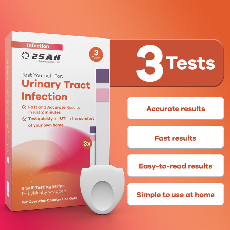 2San 2-in-1 UTI Test Strips for Women – At-Home Urinary Tract Infection Kit Detects Leukocyte & Nitrite Markers in 2 Minutes – 3 Individually Wrapped, Easy-Read