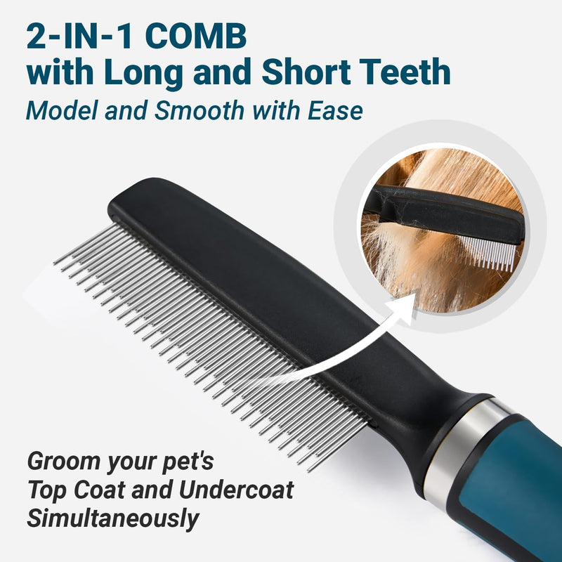 Deshedding Dog Brush Dog Comb Combo, Professional Undercoat Rake, Pet Grooming Brush for Dog Cat Grooming Supplies, Dematting Deshedding Brush Dogs Shedding Tool for Long Matted Haired Pets Blue - BeesActive Australia