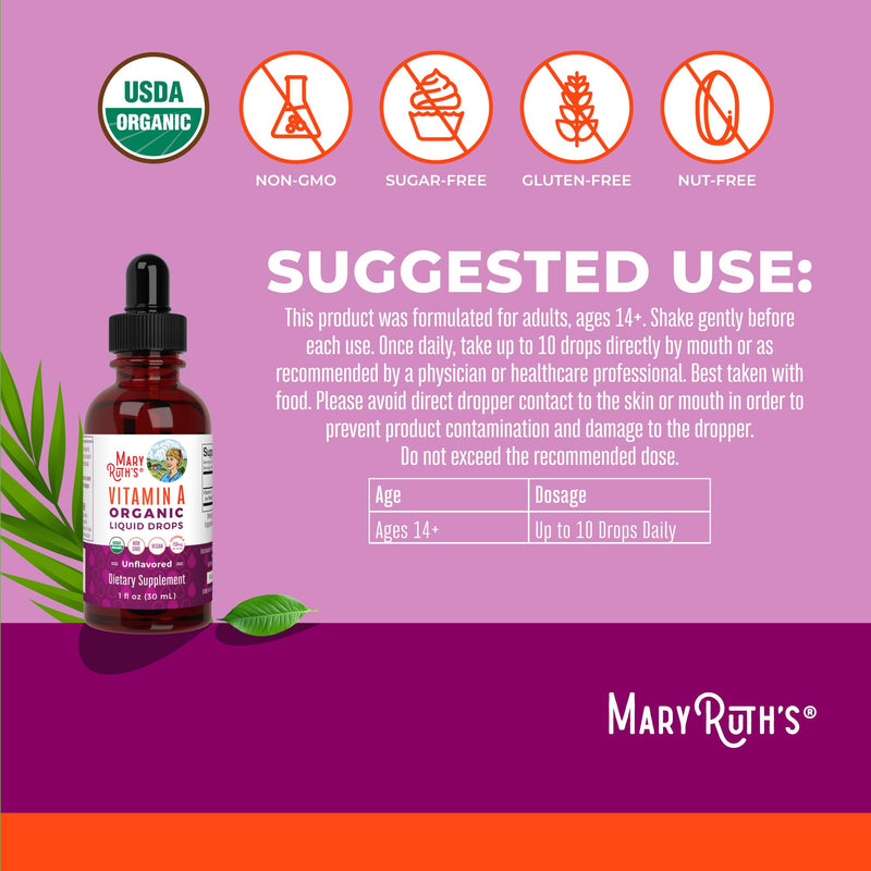 MARYRUTH'S Organics USDA Organic Vitamin A Liquid Drops, 1 oz, Sugar Free | 3 Month Supply, Bone Health for Ages 14+, 750mcg per Serving, Sugar Free, Vegan