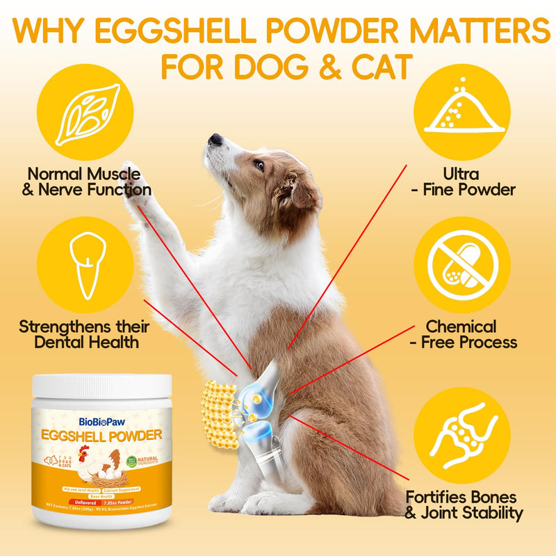 Eggshell Powder for Dogs & Cats Finely Ground Dog Calcium Supplement No Additives Crushed Calcium for Puppies Supports Bones, Teeth, Hips, Joints & Mobility Made in USA 200 Grams