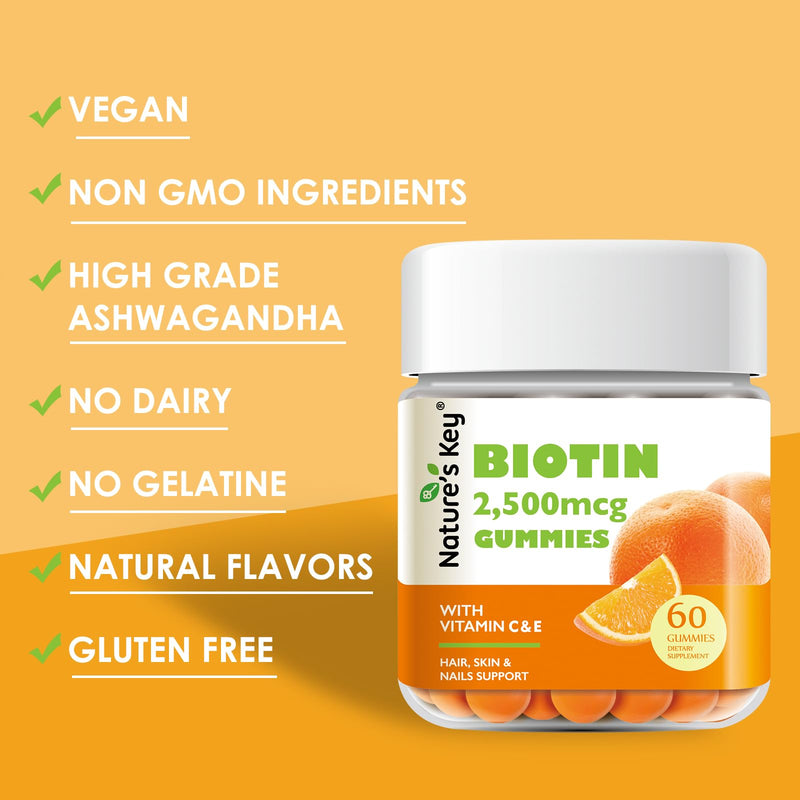 Nature's Key Biotin Gummies with Vitamin C and E, Support Hair Nails Growth & Beautiful Skin for Women Men and Kids, Vegan, Orange Flavors 60 Count 60 Count (Pack of 1)