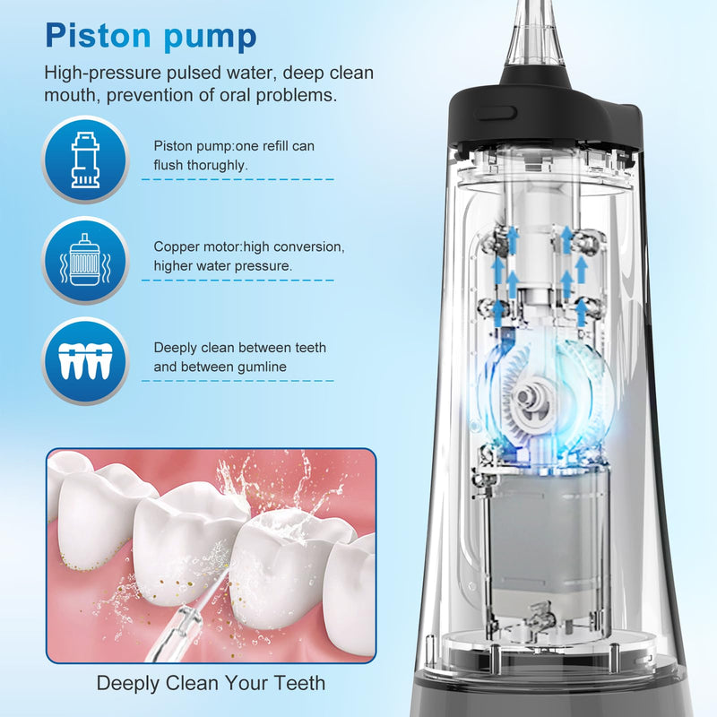 Rechargeable Water Flosser for Teeth, 300ML Oral Irrigator with 4 Nozzles, 2000mAh Battery, IPX7 Waterproof, 360° Rotating, USB Charging, Portable Cordless Dental Cleaner for Braces & Gum Care Black/Clear/Gray