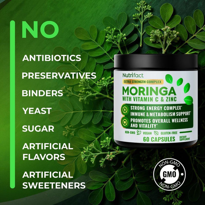 Moringa Capsules with Vitamin C, Zinc & L-Lysine – Immune Support, Vegan | Oleifera leaf extract with ginger for energy, antioxidant and digestion; non-GMO, made in USA; 60 count