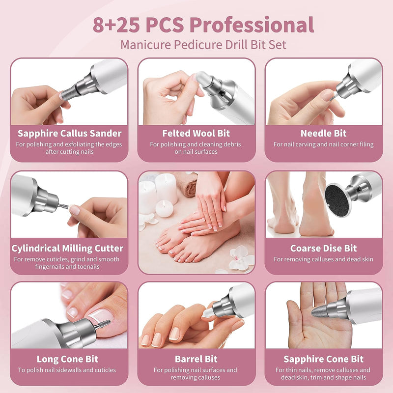 Electric Nail Drill Kit, Cordless Manicure Pedicure Kit with Memory Modes, 15 Speed Portable Nail Drill Machine, Callus Remover with 25Pcs Sandpaper Discs,Hand Foot Care Tool for Thick Nail Toenail White+pouch