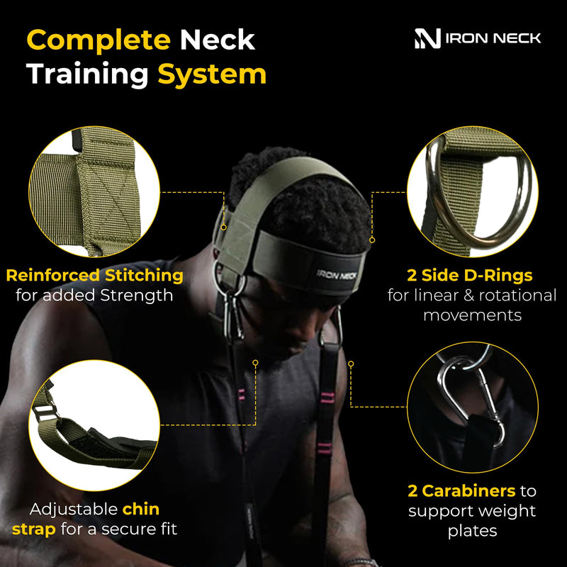 Iron Neck , Versatile Neck Exerciser, Strengthener and Trainer with Adjustable Head and Chin Strap, Portable Head Harness for Weight Lifting, Home and Gym Use Olive Green - Classic Harness