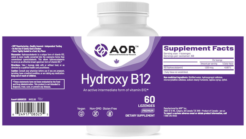 AOR Hydroxy B12 Sublingual Lozenges, 1000 mcg, Vegan, 60 Lozenges | For Adults Who Avoid Pills, Active-Form B12, Vitamin B12 Sublingual, Two-Month Supply, Lozenge Supplement