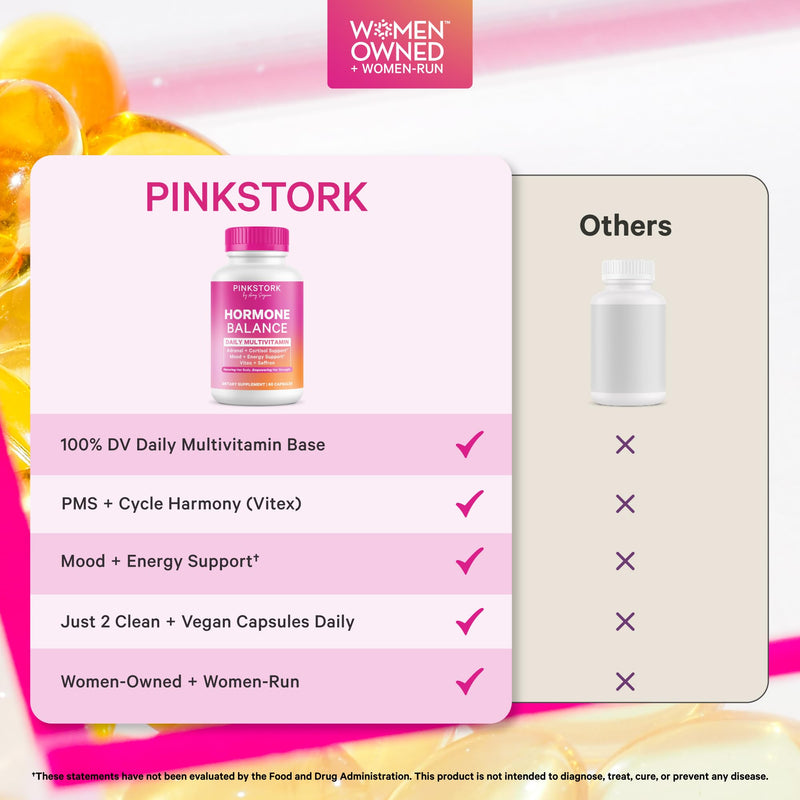 Pink Stork Hormone Balance Multivitamin for Women, 60 Vegan Capsules | 18-in-1 Vitex, Saffron, Ashwagandha, Magnesium | Mood, Energy, Cortisol, Adrenal Support | PMS, Perimenopause Support
