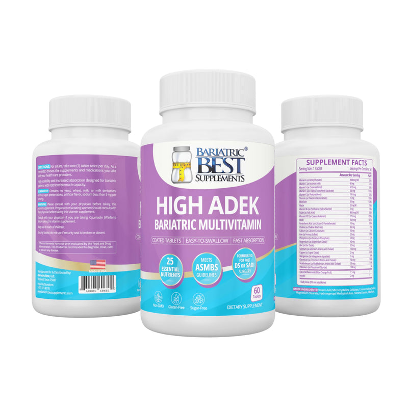 High ADEK Bariatric Multivitamin | DS, SADI & BPD/DS Surgery | Fat-Soluble Vitamins A D E K | 25 Essential Nutrients | ASMBS Compliant | Made in USA | 60 Tablets — 1 Month Supply