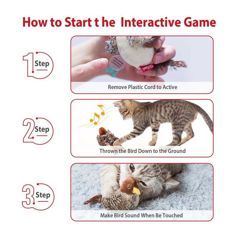 Gigwi Chirping Bird Cat Toy Set, Interactive Chasing Toy for Indoor Cat, Motion Activated Kitten Play Toy, Squeaky Cat Animal Feather Toy for All Breeds Cat Kicker Bird+Mouse - BeesActive Australia