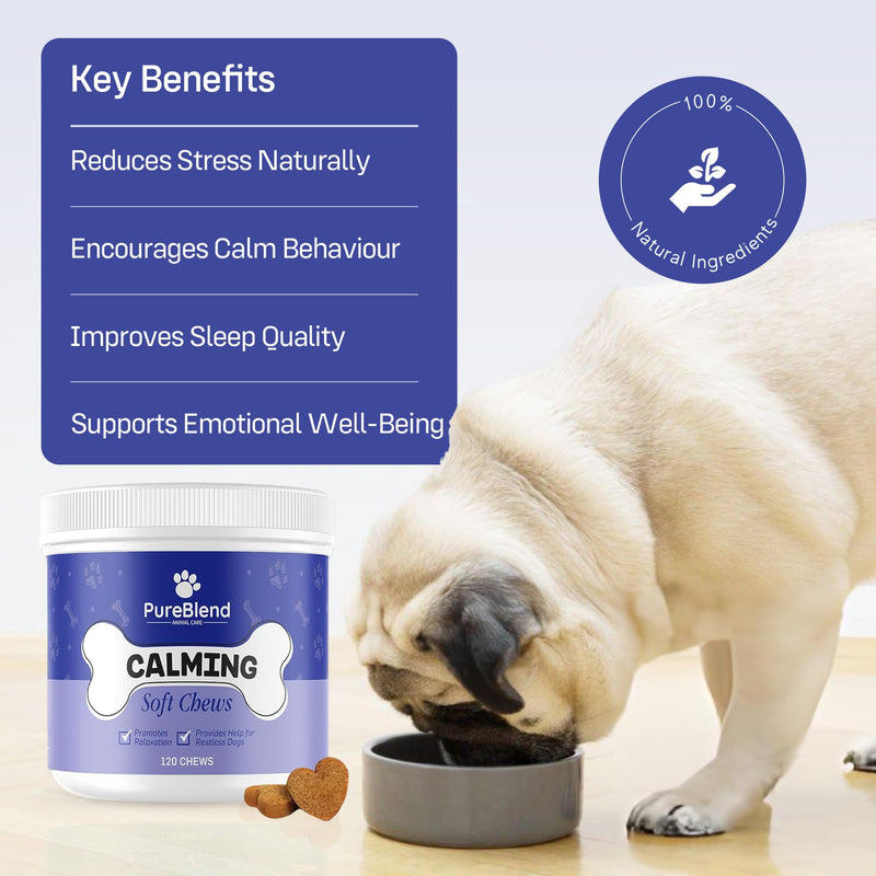 PureBlend Dog Calming Treats — Calming Chews for Dogs with Hemp Seed Oil, Chamomile & L-Theanine — 120 Chews, Up to 4 Month Supply