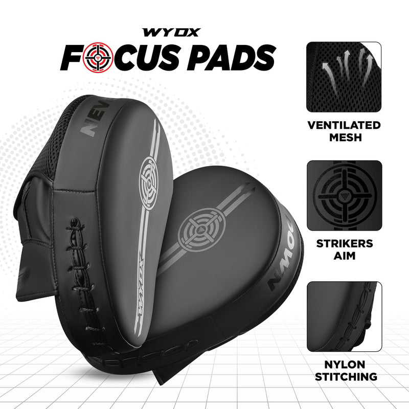 WYOX Boxing Focus Mitts & Punching Pads for Training | Curved PU Leather Hand Target for Muay Thai, Kickboxing, MMA, Karate & Taekwondo | Durable Strike Pads for Men & Women Plain Black