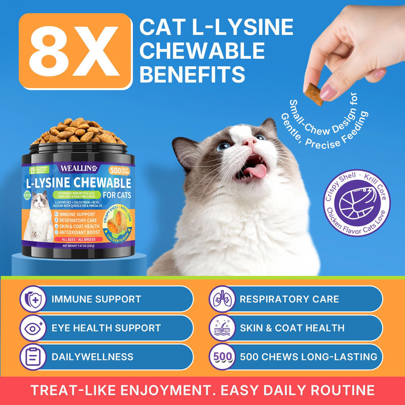 WEALLIN Cat Wellness Bundle, Taurine Multivitamin Treats + L-Lysine Chews for Cats, 2 x 500 Crunchy Krill-Core Chews for Heart, Vision, Immune, Digestive & Respiratory Support