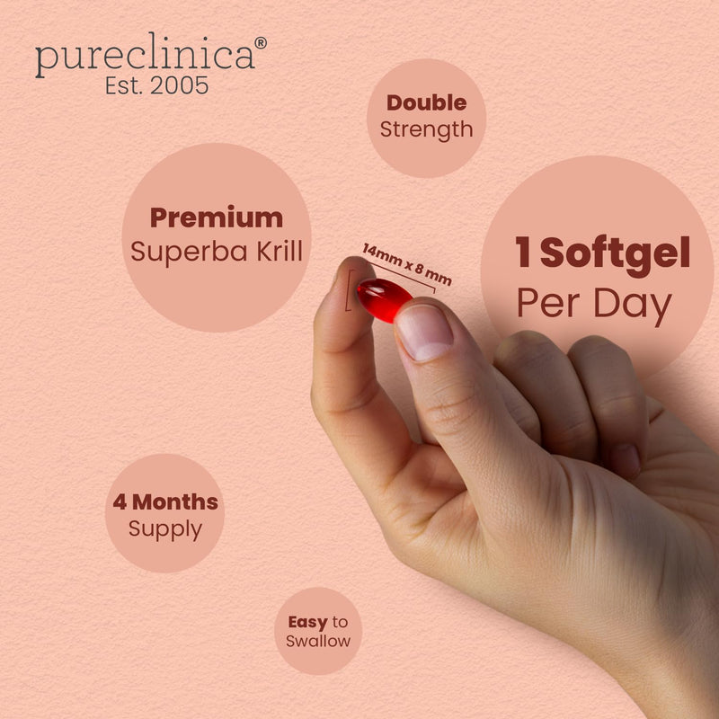 pureclinica Ultra Pure Superba Krill Oil 500mg x 120 Capsules - Sourced in The Unpolluted Waters of Antarctic Providing a Rich Supply of Astaxanthin, Omega 3 and Vitamin D 120 Count (Pack of 1)