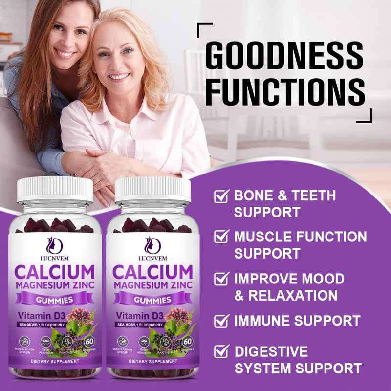 (2 Pack) Sugar Free Calcium Magnesium Zinc Gummies, Calcium Magnesium 2:1, Contains Magnesium Glycinate, Vitamin D3, Sea Moss, for Bones, Muscles, Calm Mood & Sleep Support, Vegan, 120 Gummies Sweet Elderberry 60 Count (Pack of 2)
