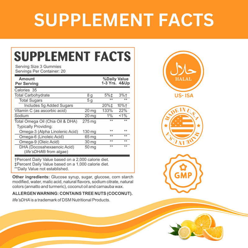 Greenfield Nutritions Smart Kids Halal Omega 3 Gummies with DHA - 60 Halal Vitamins for Kids, Supports Brain & Immune Health - Vegan, Non-GMO, Gluten, Gelatin-Free and Peanut-Free Halal Gummy Vitamins