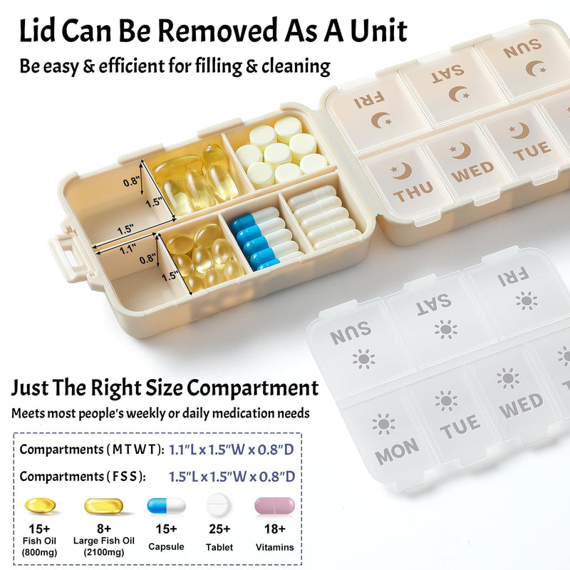 NEW Foldable & Double Protection Portable Weekly Pill Organizer 2 Times A Day with Etched Labels, AM PM 7 Day Week Medicine Box, Daily Travel Pill Case Holder Dispenser for Vitamin, Supplement - Khaki AM & PM