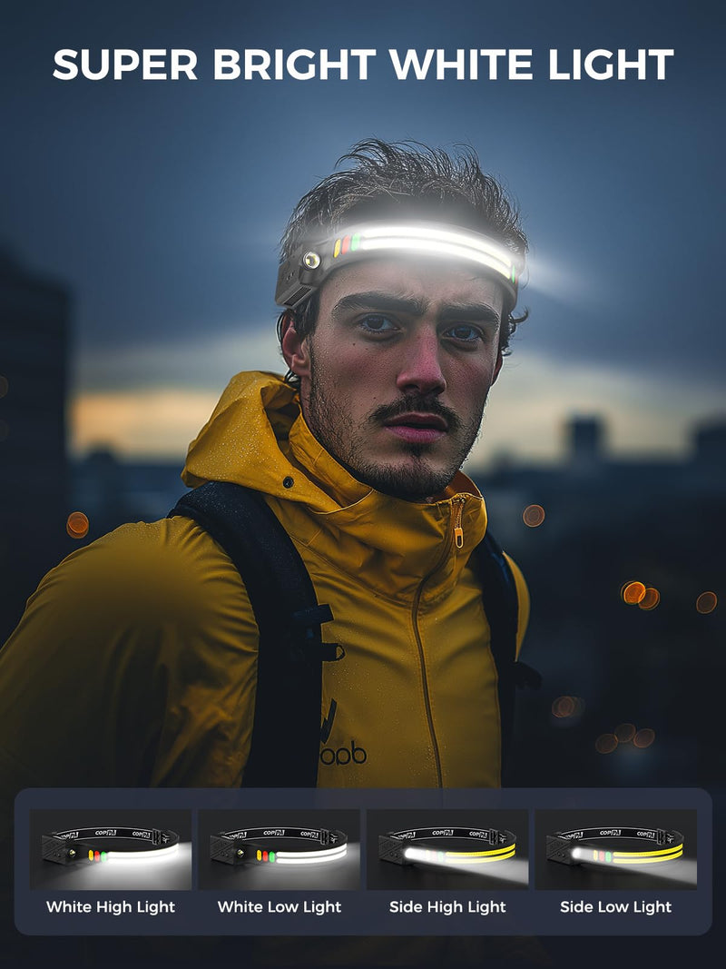 COPPA Headlamp, H4C Headlamp Rechargeable 2Pack with White & Yellow & Red & Green Floodlight & Spotlight Mini Portable with Motion Sensor Super for Camping Running Fishing Climbing Hiking Maintenance English 2.0