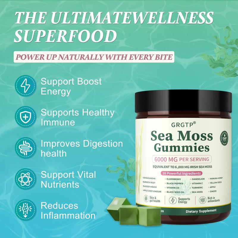Sea Moss Gummies 16-in-1 - Ashwagandha Black Seed Oil Bladder Wrack Turmeric Vitamin C & D3 with Manuka Burdock Root Dandelion Yellow Dock Natural Detox & Liver Health Immune Support, Energy Boost