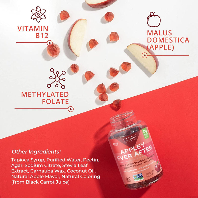 SUKU Appley Ever After Gummies – Apple Cider Vinegar with Methylated B12 & Folate – Sugar-Free, Gluten-Free, Vegan Detox & Energy Support – Amazing Apple Flavor – 50 Count
