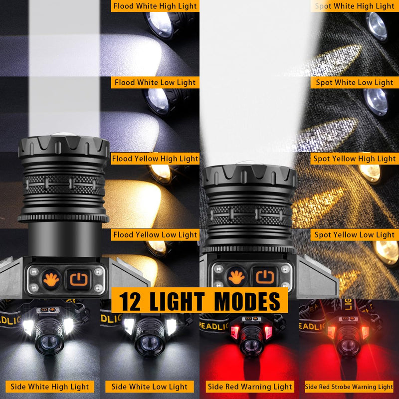 NAKCNM High Lumens Rechargeable Headlamp with Motion Sensor, 12 Modes & Zoomable Beam - Waterproof LED Head Light for Hunting, Camping, Car Repair (Warm/Red Light) - BeesActive Australia