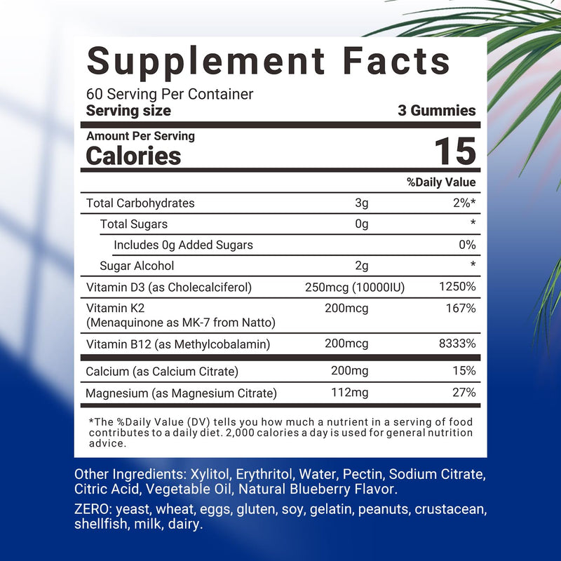 Vitamin D3 K2 Gummies, Vitamin D3 10000iu & Vitamin K2(MK7) 200mcg | Calcium, Magnesium, Vitamin B12 for Bone Muscle Teeth Immune, Vegan, Sugar-Free