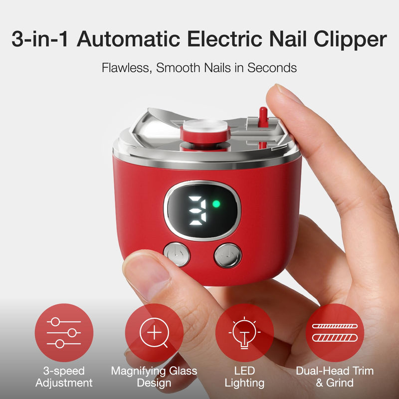 Electric Nail Clipper with 3 Speeds,Safety Fingernail Trimmer for Adults, Seniors, Kids,Adjustable Blade Opening for Thick&Thin Nail,Magnifying Glass & LED Light,Nail Scraps Storage, USB Charging,Red