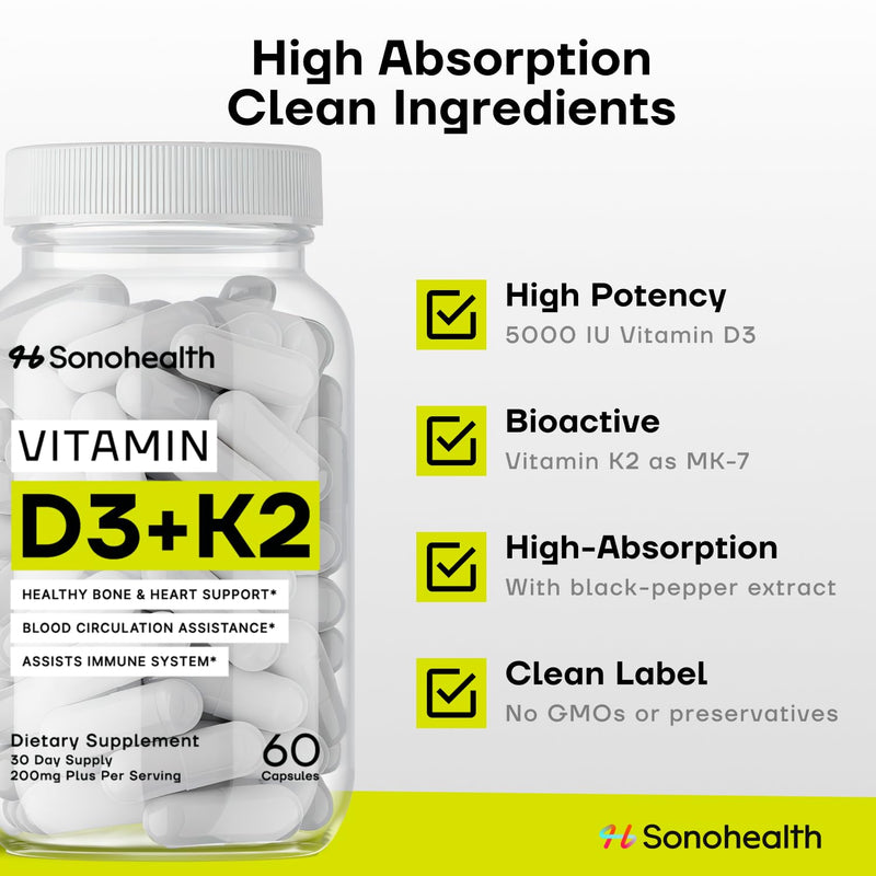 Vitamin D3 + K2 with BioPerine – High Absorption 3-in-1 Formula – Vegan-Friendly, Non-GMO, Gluten-Free – Supports Bone, Heart, and Immune Health – 60 Capsule 1 Count (Pack of 60)