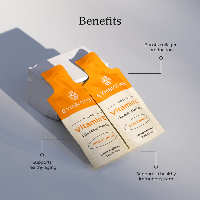 CYMBIOTIKA Vitamin C Individual Packets, Liposomal Delivery, Supplement for Immune Support, Collagen Boost, & Healthy Aging, Skin Hydration Packets, Citrus Vanilla Flavor, 30 Pack - BeesActive Australia