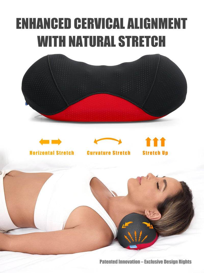 Bespilow Patented Dual-Layer Cervical Neck Roll Pillow-Comfort Top + Firm Memory Foam Base,Ergonomic Contour Support,Cooling Breathable Case- Relieves Neck Pain from Office,Travel,Sleep& Poor Posture Black&red - BeesActive Australia