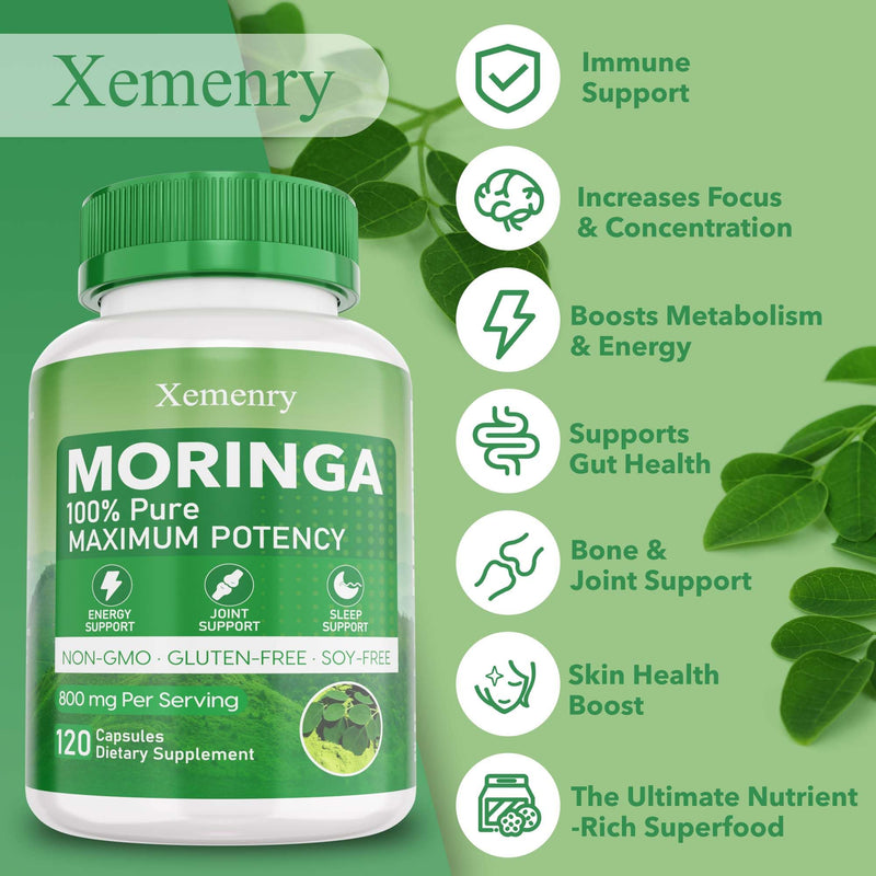 Moringa Capsules, Pure Moringa Powder Capsules - Supports Energy, Immune Support, Gut Health, Green Superfood with Vitamins & Amino Acids - 120 Capsules