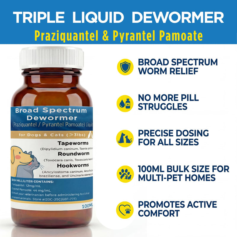 Dewormer for Cats & Dogs Broad Spectrum Praziquantel & Pyrantel Pamoate Liquid Tapeworm, Roundworm & Hookworm Treatment Easy to Dose for Kittens & Puppies 100mL (3.38 fl oz)